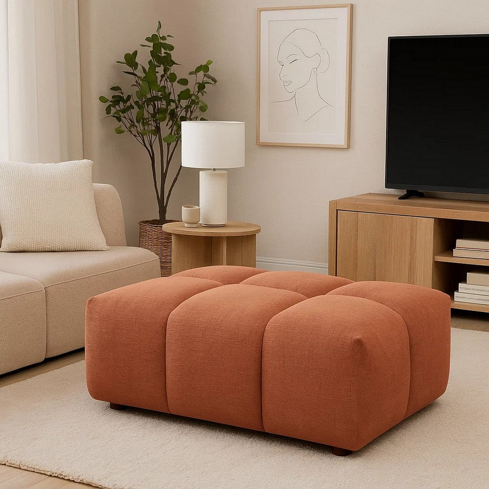 Leya Modular Ottoman | Tufted Coral Red Linen | 43" Rectangular Seat