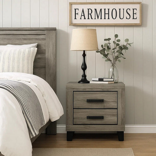 Rachy Nightstand | 2 Drawers w Black Metal Handles | Farmhouse Light Gray