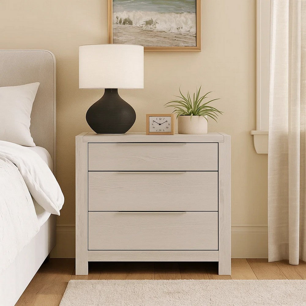 Geya Nightstand with 3 Drawers | Chrome Metal Handles | Light Gray