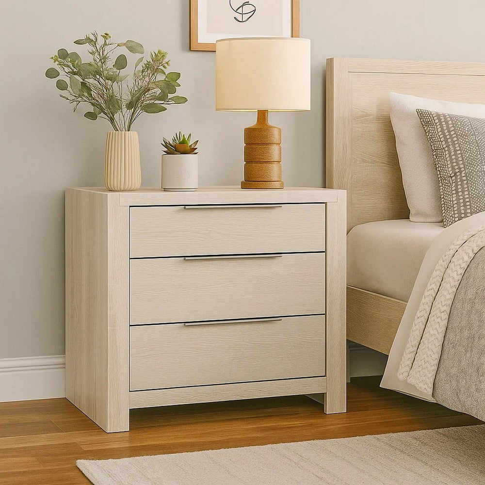 Geya Nightstand with 3 Drawers | Chrome Metal Handles | Light Gray