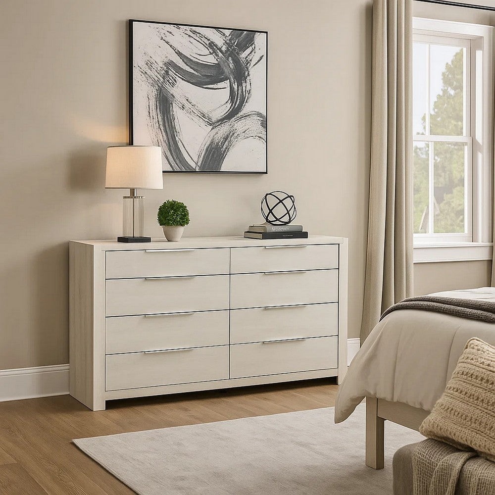 Geya Wide Dresser | 8 Drawers with Chrome Metal Handles | Light Gray