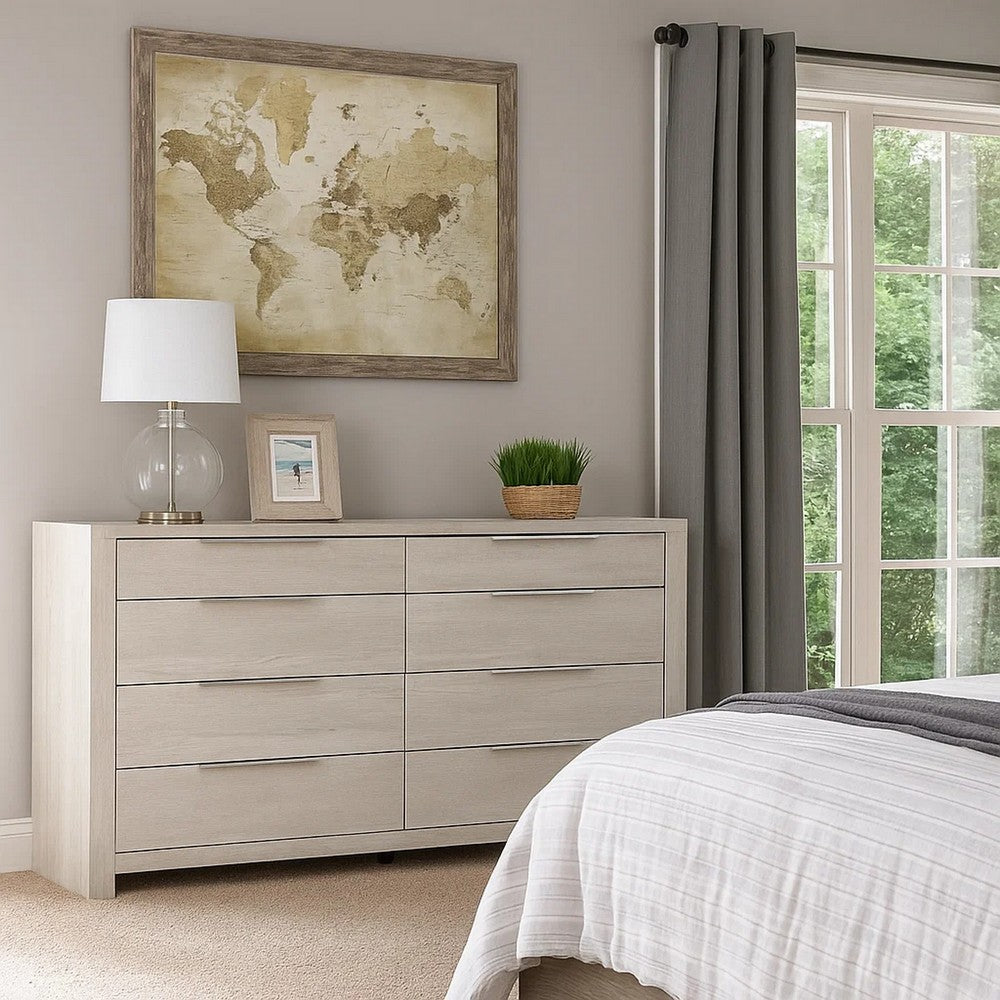 Geya Wide Dresser | 8 Drawers with Chrome Metal Handles | Light Gray