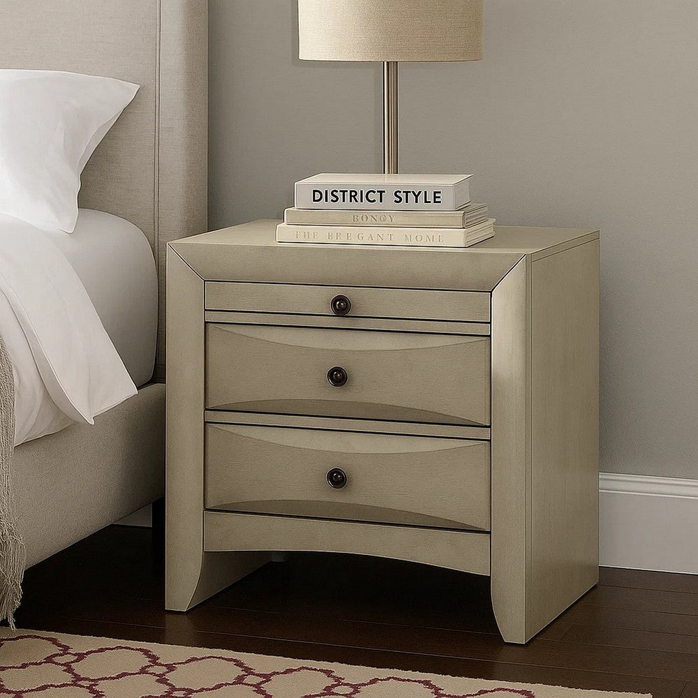 Remy Nightstand | 3 Contemporary Faceted Drawers | Antique White Finish