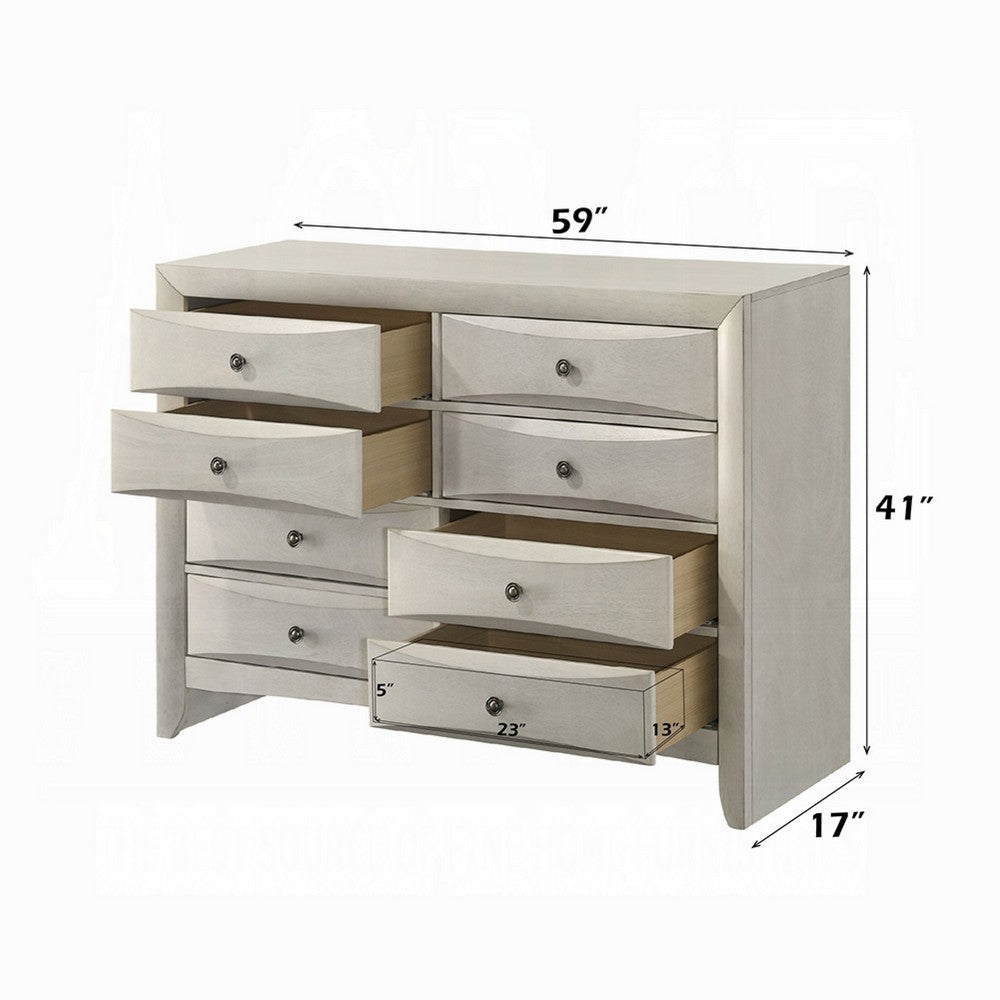 Remy 59" Wide Dresser | 8 Contemporary Faceted Drawers | Antique White Finish