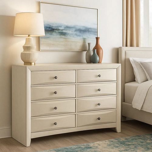 Remy 59" Wide Dresser | 8 Contemporary Faceted Drawers | Antique White Finish
