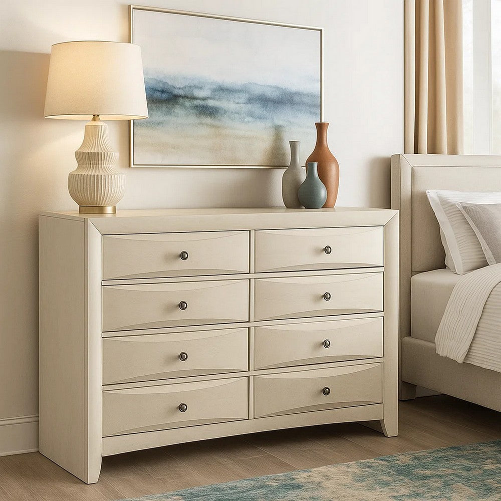 Remy 59" Wide Dresser | 8 Contemporary Faceted Drawers | Antique White Finish