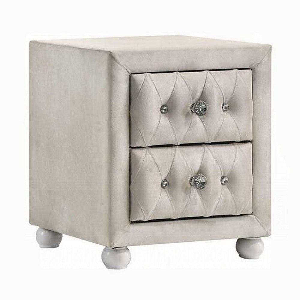 Rex Nightstand | 2 Drawers | Classic Crystal Tufted Beige Upholstery