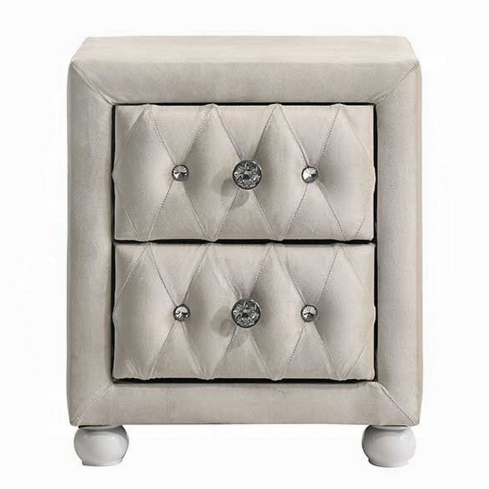 Rex Nightstand | 2 Drawers | Classic Crystal Tufted Beige Upholstery