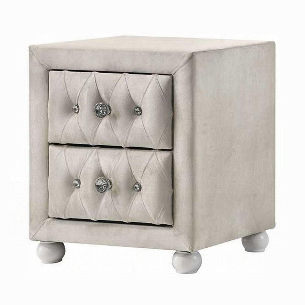 Rex Nightstand | 2 Drawers | Classic Crystal Tufted Beige Upholstery