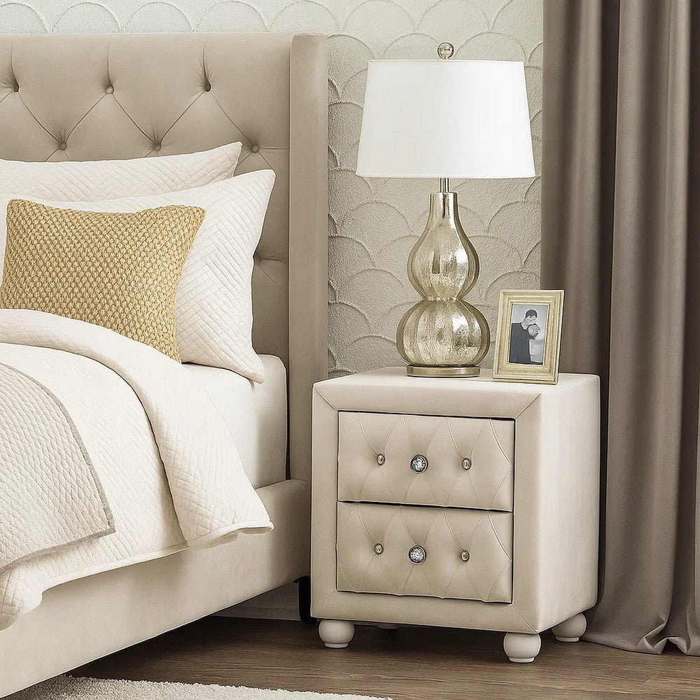 Rex Nightstand | 2 Drawers | Classic Crystal Tufted Beige Upholstery