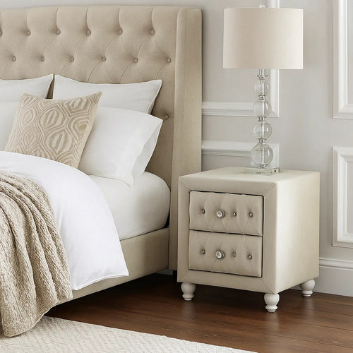 Rex Nightstand | 2 Drawers | Classic Crystal Tufted Beige Upholstery