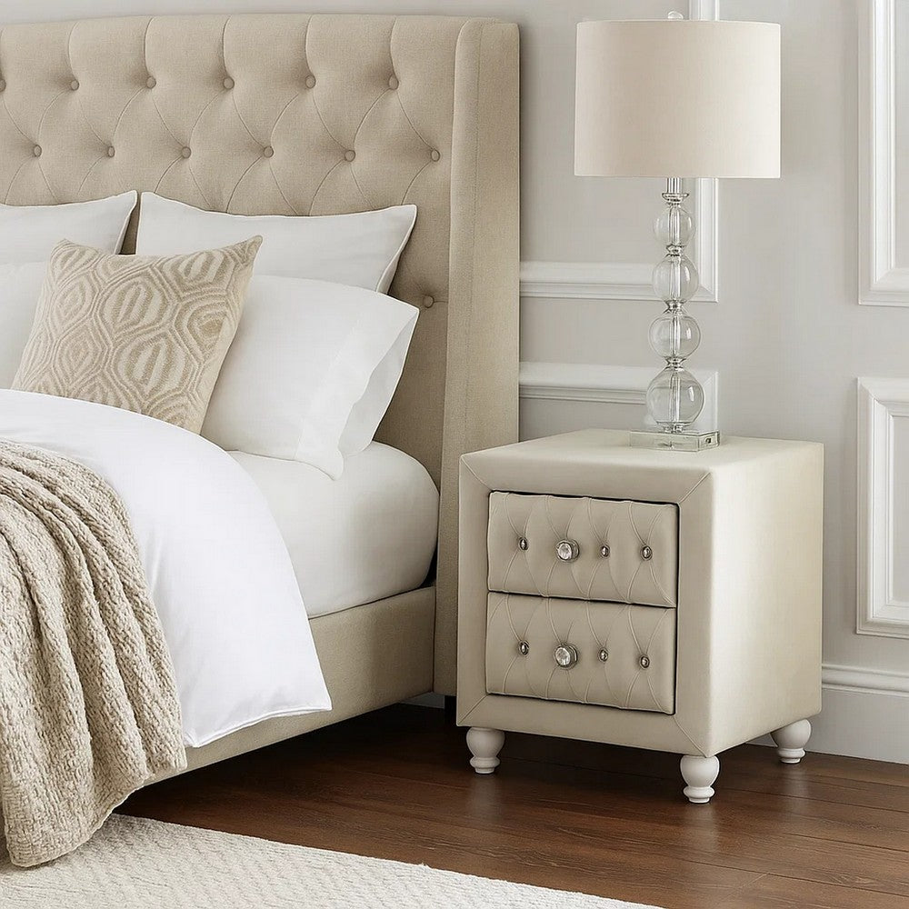 Rex Nightstand | 2 Drawers | Classic Crystal Tufted Beige Upholstery