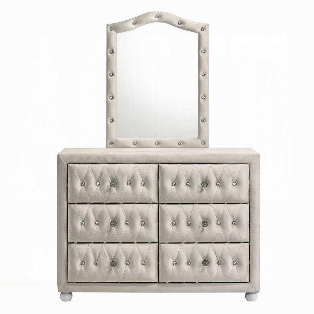 Rex 40" Wide Dresser | 6 Drawers | Classic Crystal Tufted Beige Upholstery