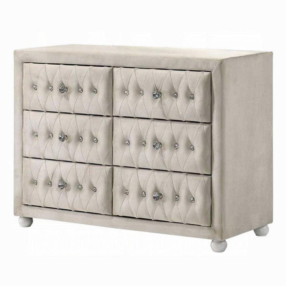 Rex 40" Wide Dresser | 6 Drawers | Classic Crystal Tufted Beige Upholstery