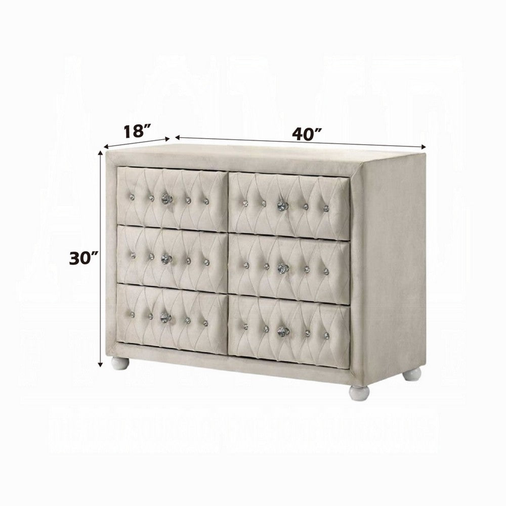 Rex 40" Wide Dresser | 6 Drawers | Classic Crystal Tufted Beige Upholstery