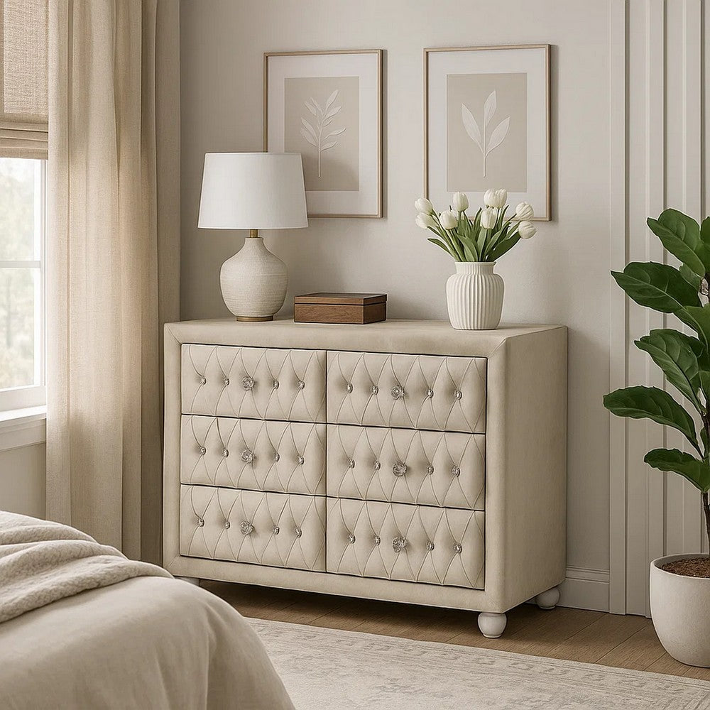 Rex 40" Wide Dresser | 6 Drawers | Classic Crystal Tufted Beige Upholstery