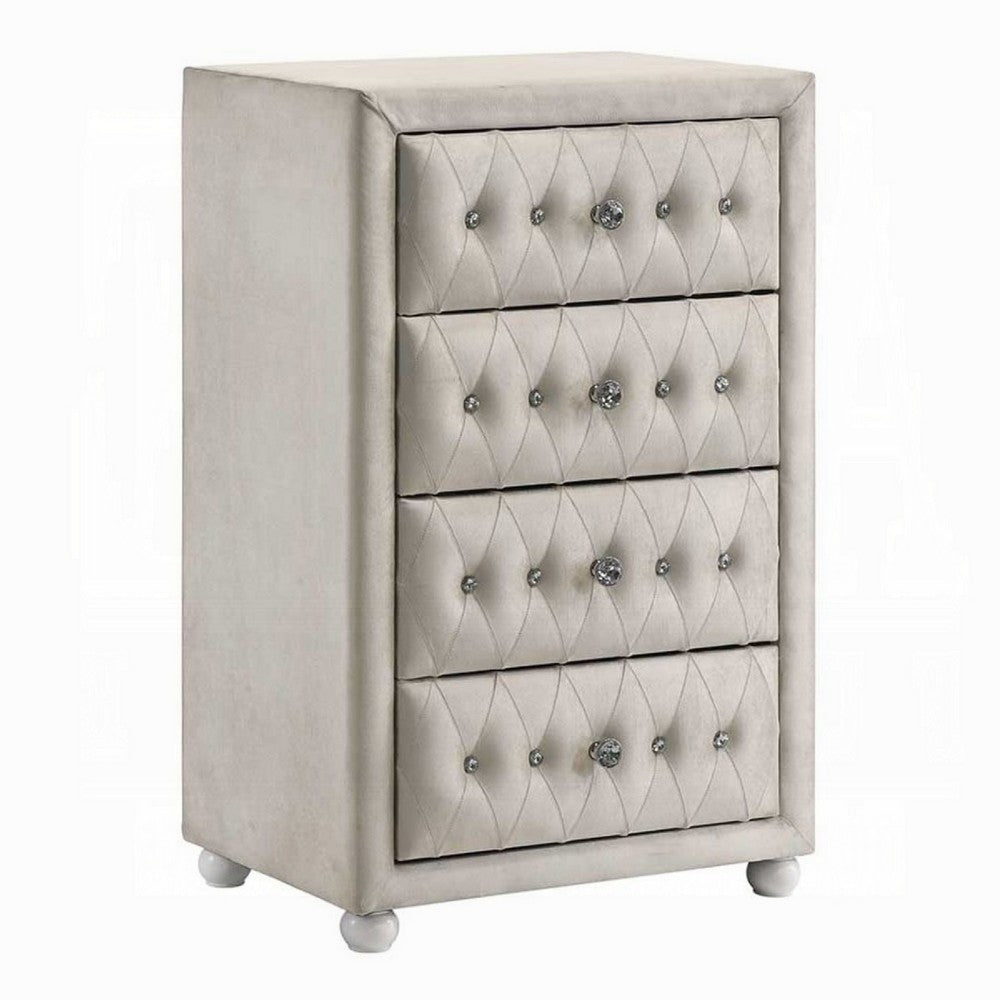 Rex Tall Dresser Chest | 4 Drawers | Crystal Tufted Beige Upholstery