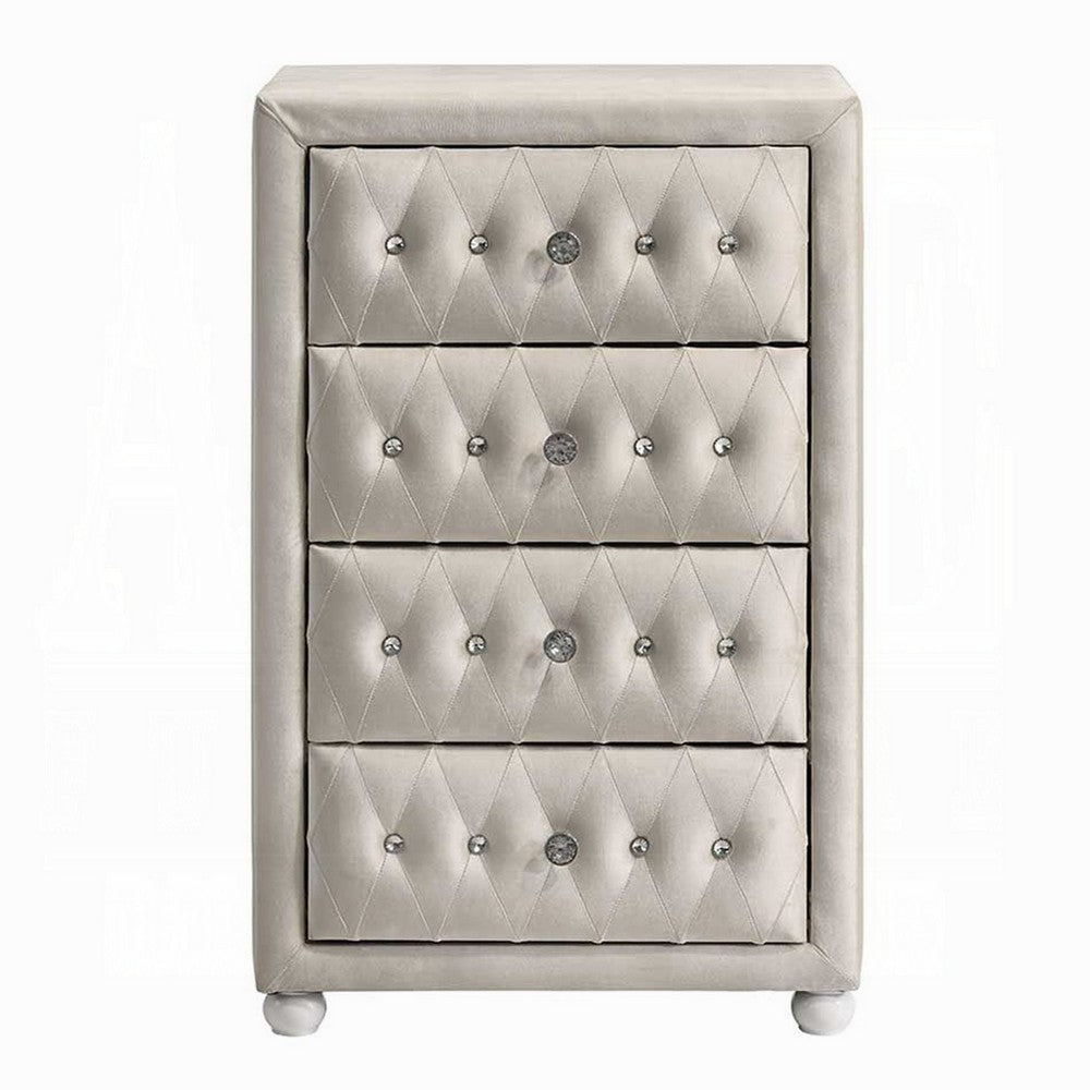 Rex Tall Dresser Chest | 4 Drawers | Crystal Tufted Beige Upholstery
