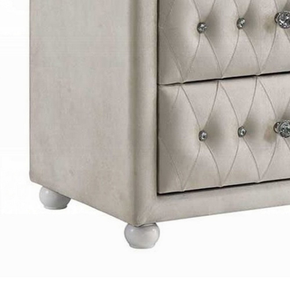 Rex Tall Dresser Chest | 4 Drawers | Crystal Tufted Beige Upholstery