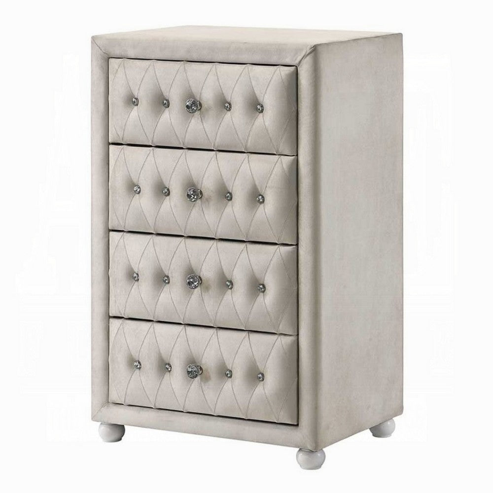 Rex Tall Dresser Chest | 4 Drawers | Crystal Tufted Beige Upholstery