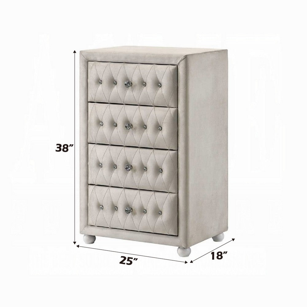 Rex Tall Dresser Chest | 4 Drawers | Crystal Tufted Beige Upholstery