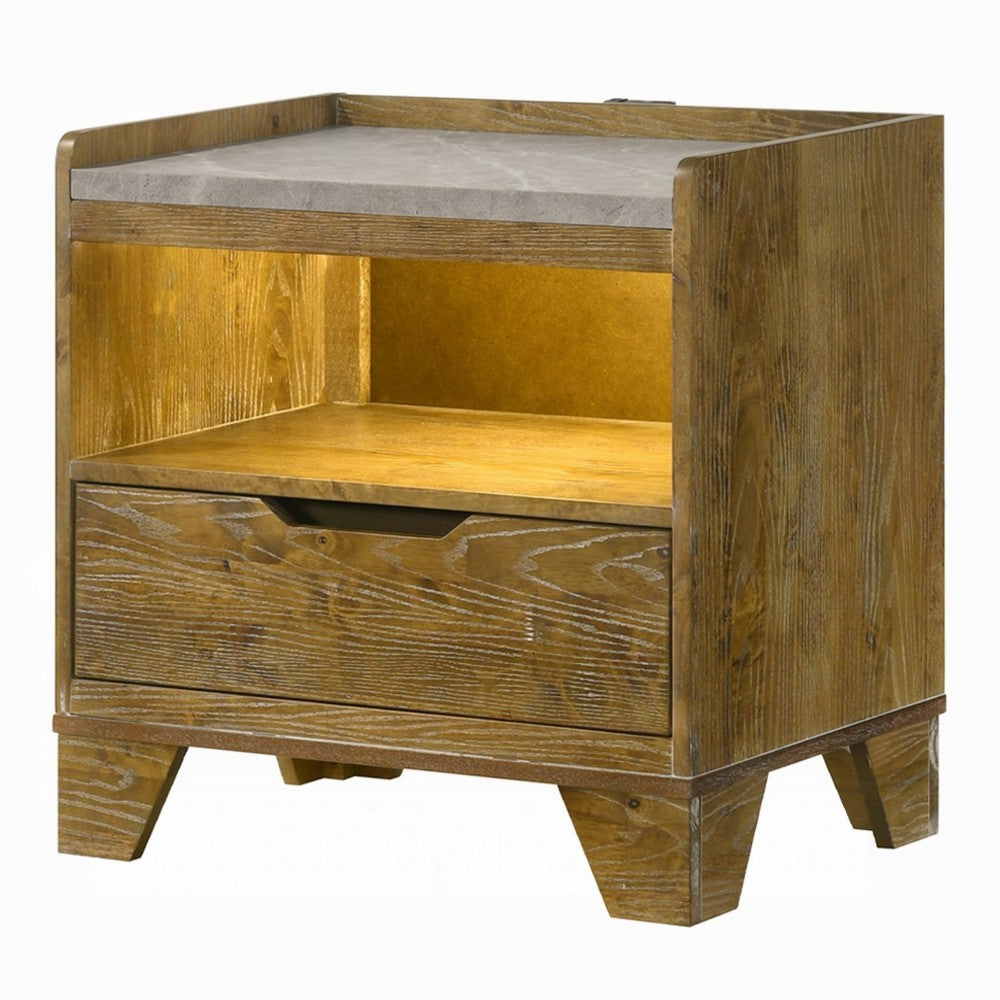 Gary Nightstand w LED | 1 Drawer & Open Cubby | Farmhouse Aspen Brown