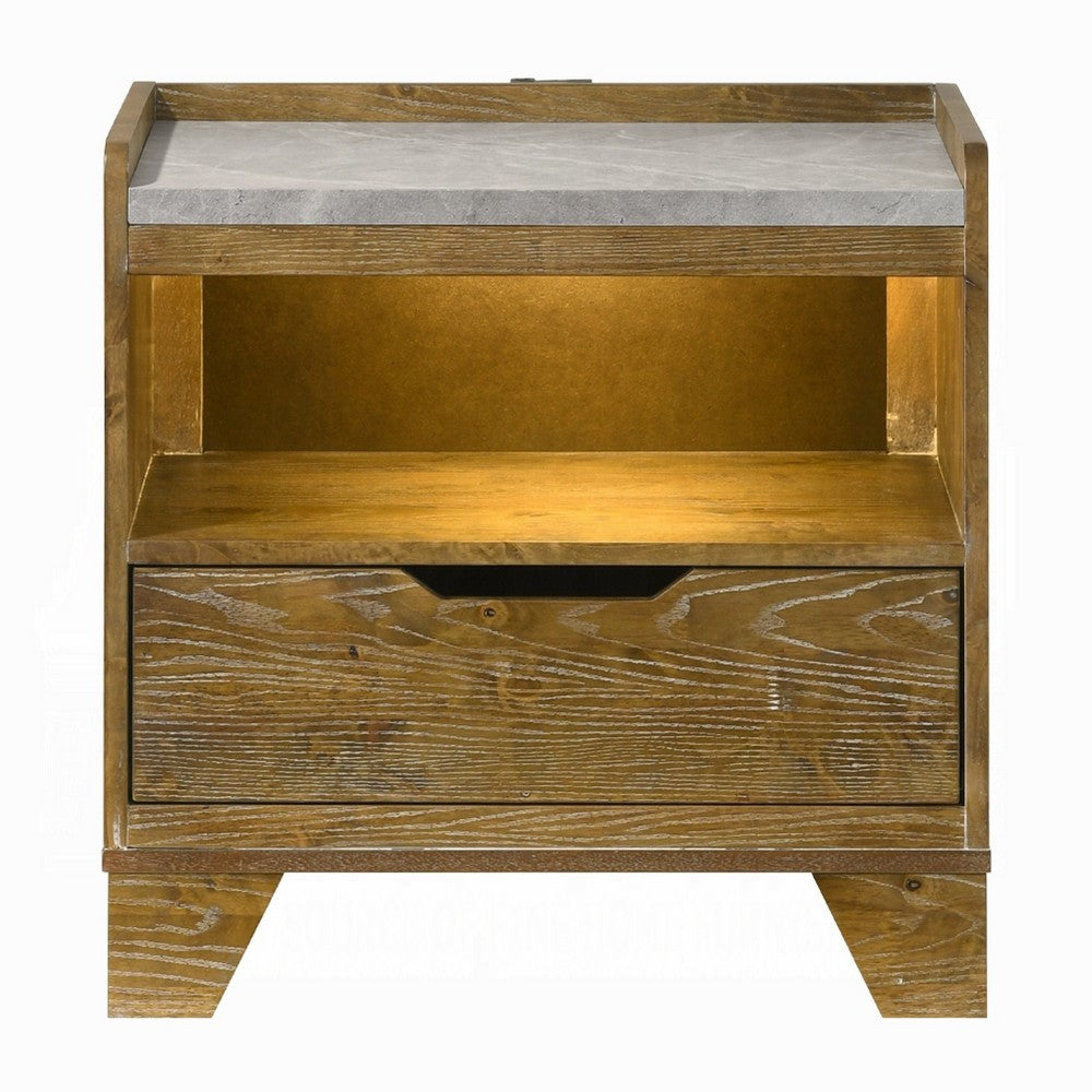 Gary Nightstand w LED | 1 Drawer & Open Cubby | Farmhouse Aspen Brown
