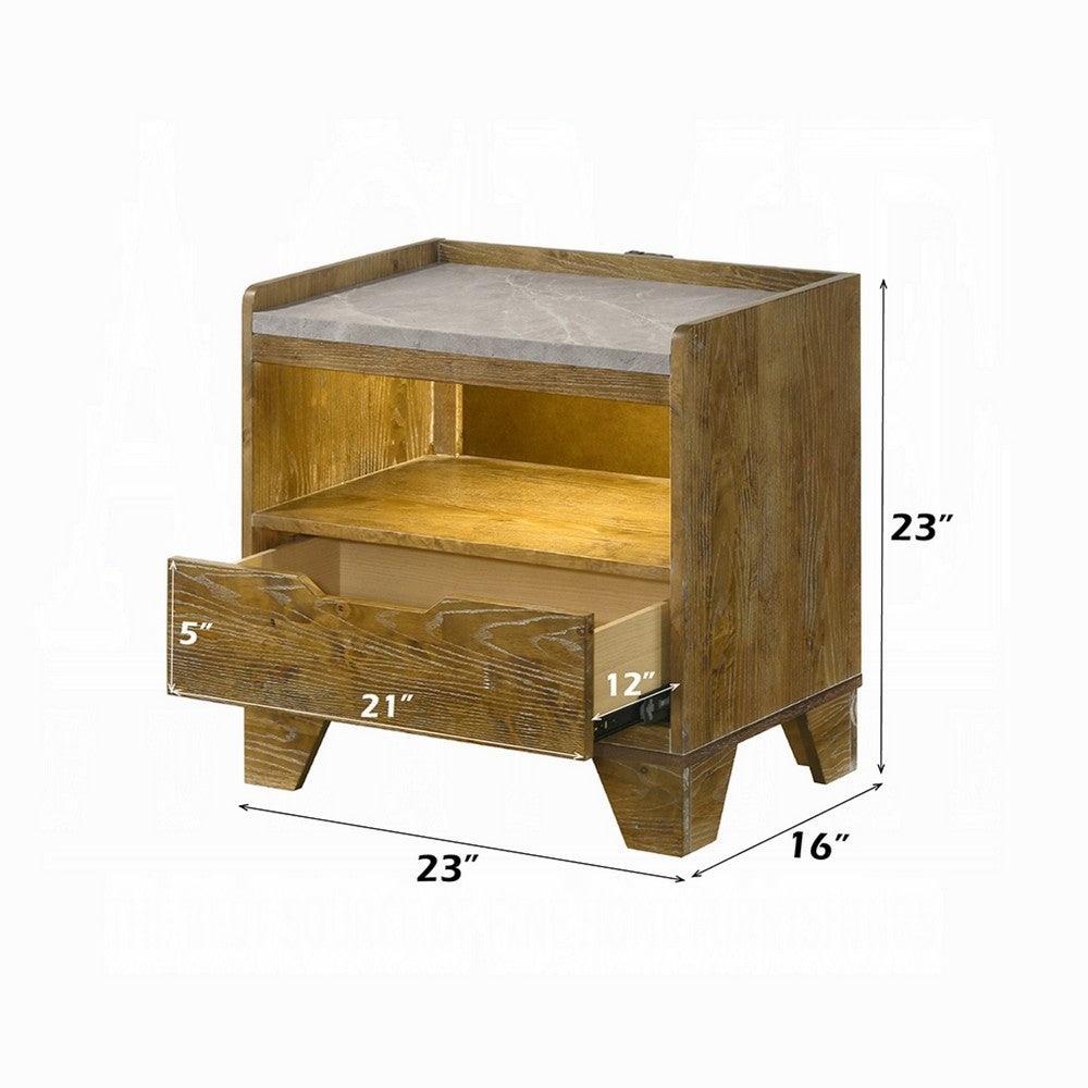 Gary Nightstand w LED | 1 Drawer & Open Cubby | Farmhouse Aspen Brown