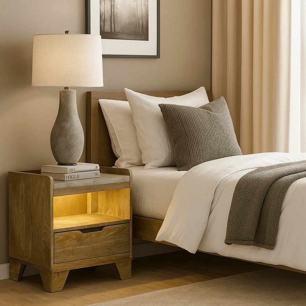 Gary Nightstand w LED | 1 Drawer & Open Cubby | Farmhouse Aspen Brown