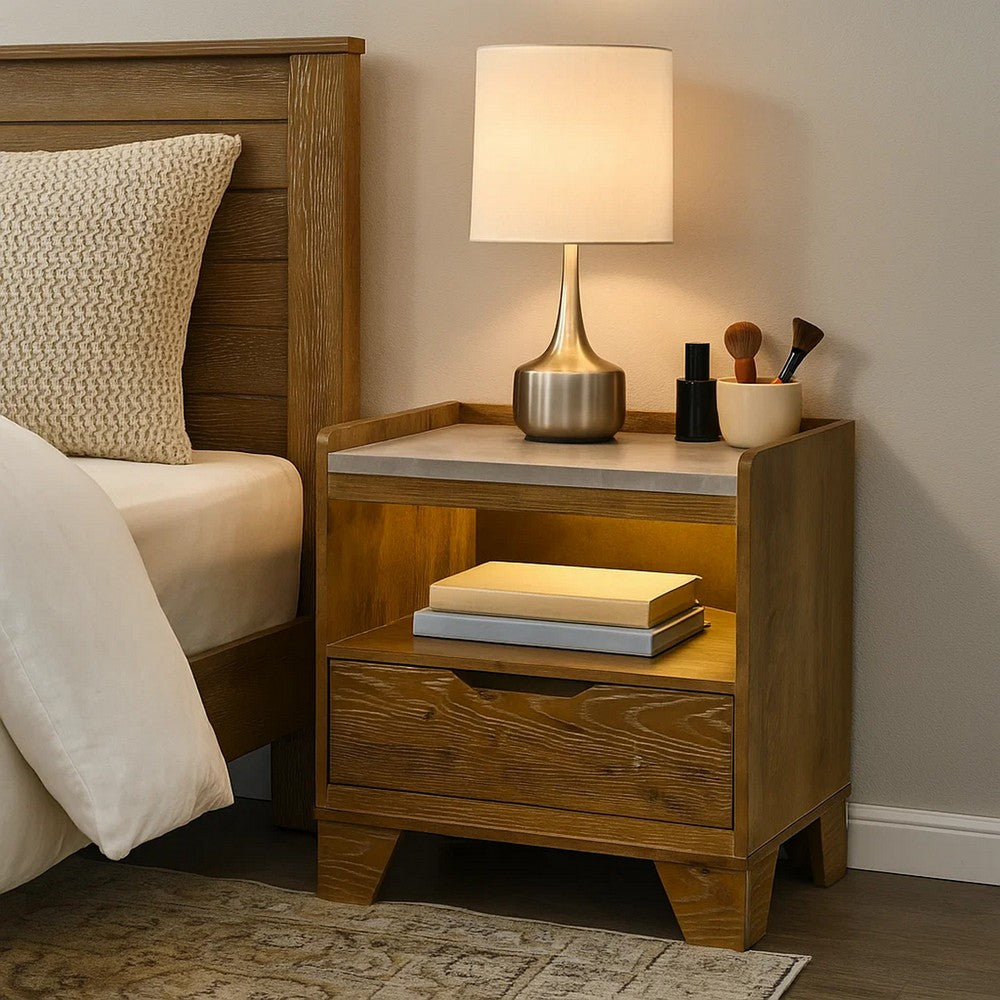 Gary Nightstand w LED | 1 Drawer & Open Cubby | Farmhouse Aspen Brown