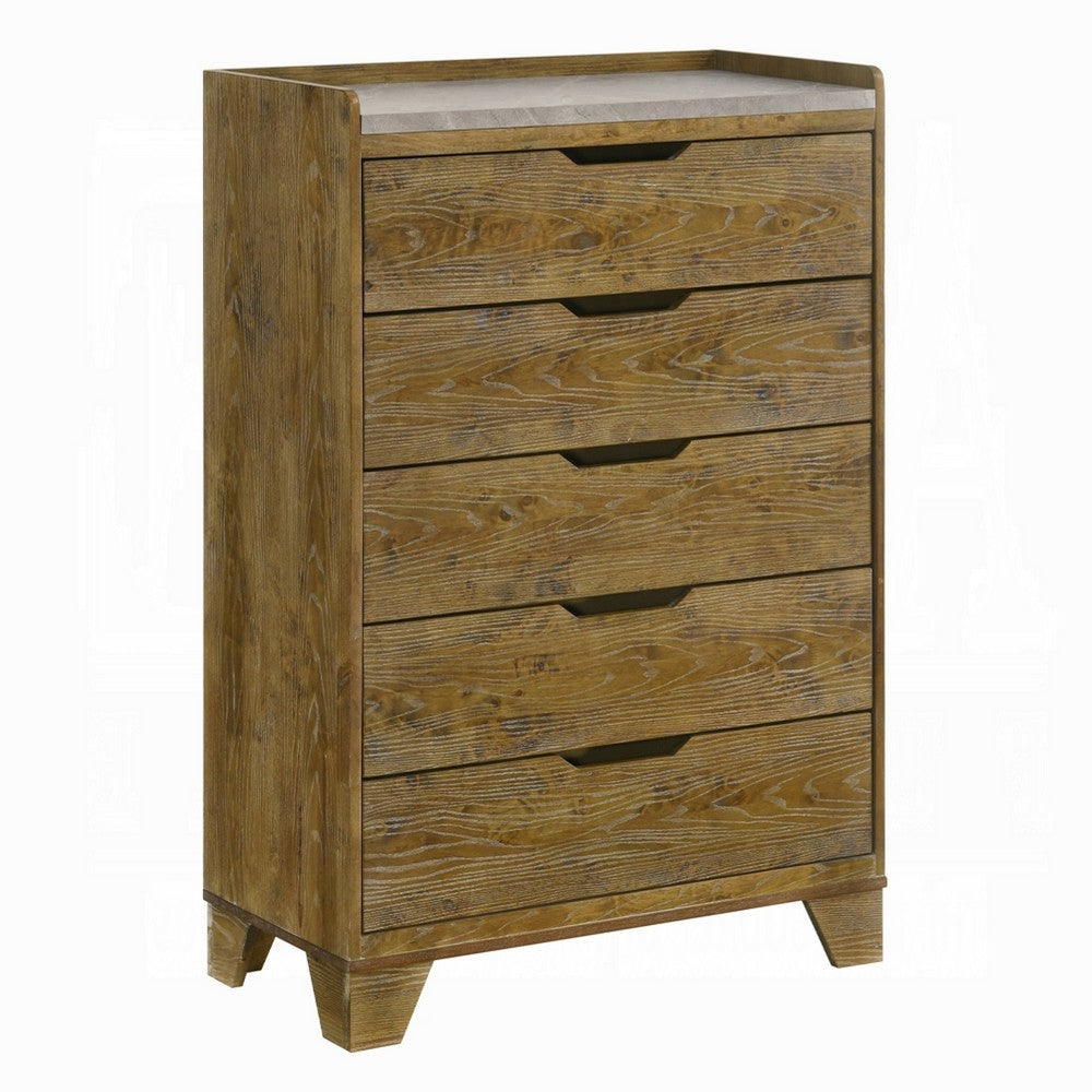Gary Tall Dresser Chest | 5 Drawer Cutout Handles | Farmhouse Aspen Brown