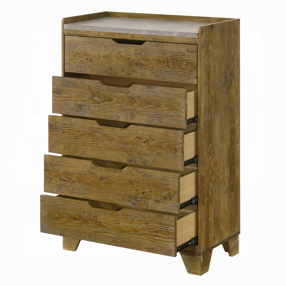 Gary Tall Dresser Chest | 5 Drawer Cutout Handles | Farmhouse Aspen Brown