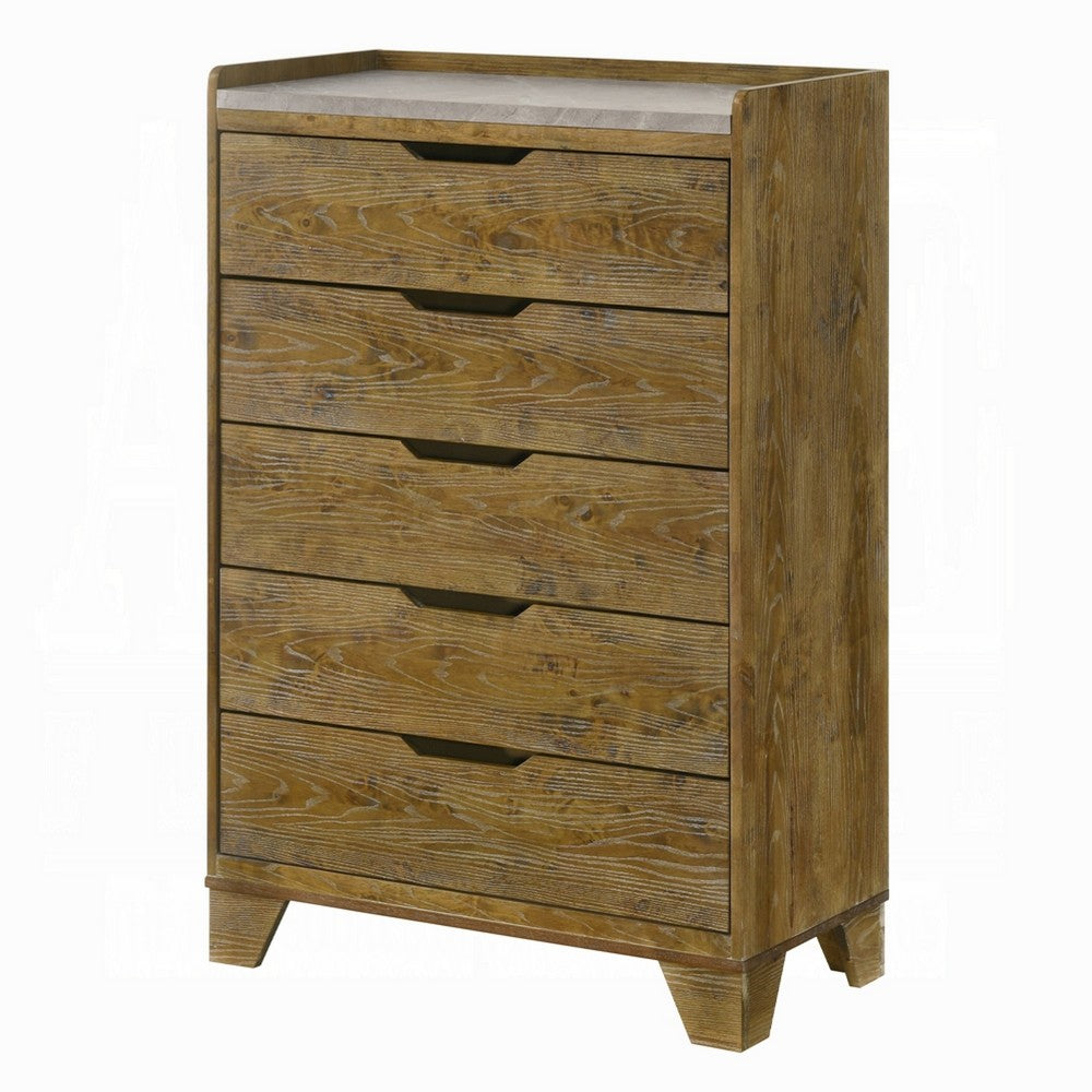 Gary Tall Dresser Chest | 5 Drawer Cutout Handles | Farmhouse Aspen Brown