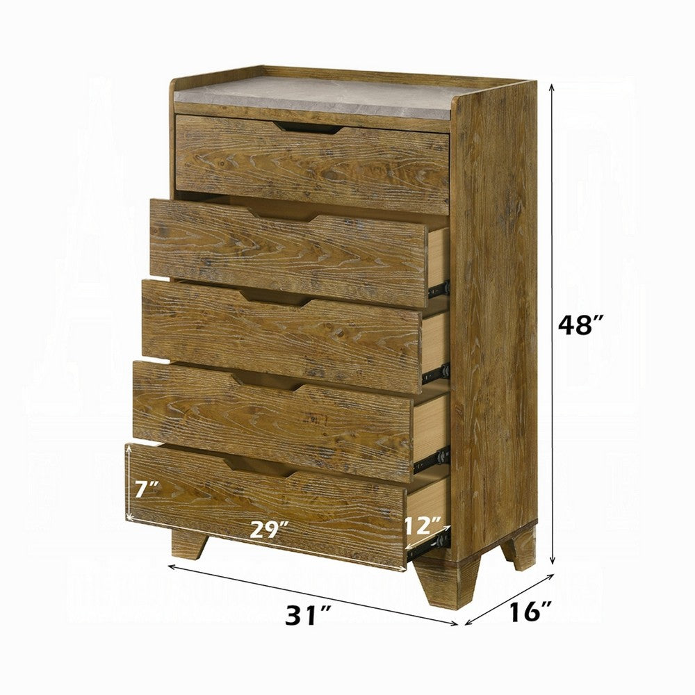 Gary Tall Dresser Chest | 5 Drawer Cutout Handles | Farmhouse Aspen Brown