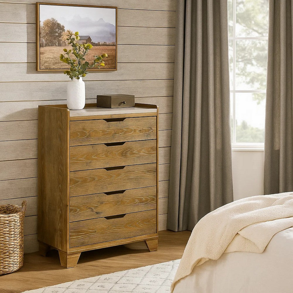Gary Tall Dresser Chest | 5 Drawer Cutout Handles | Farmhouse Aspen Brown