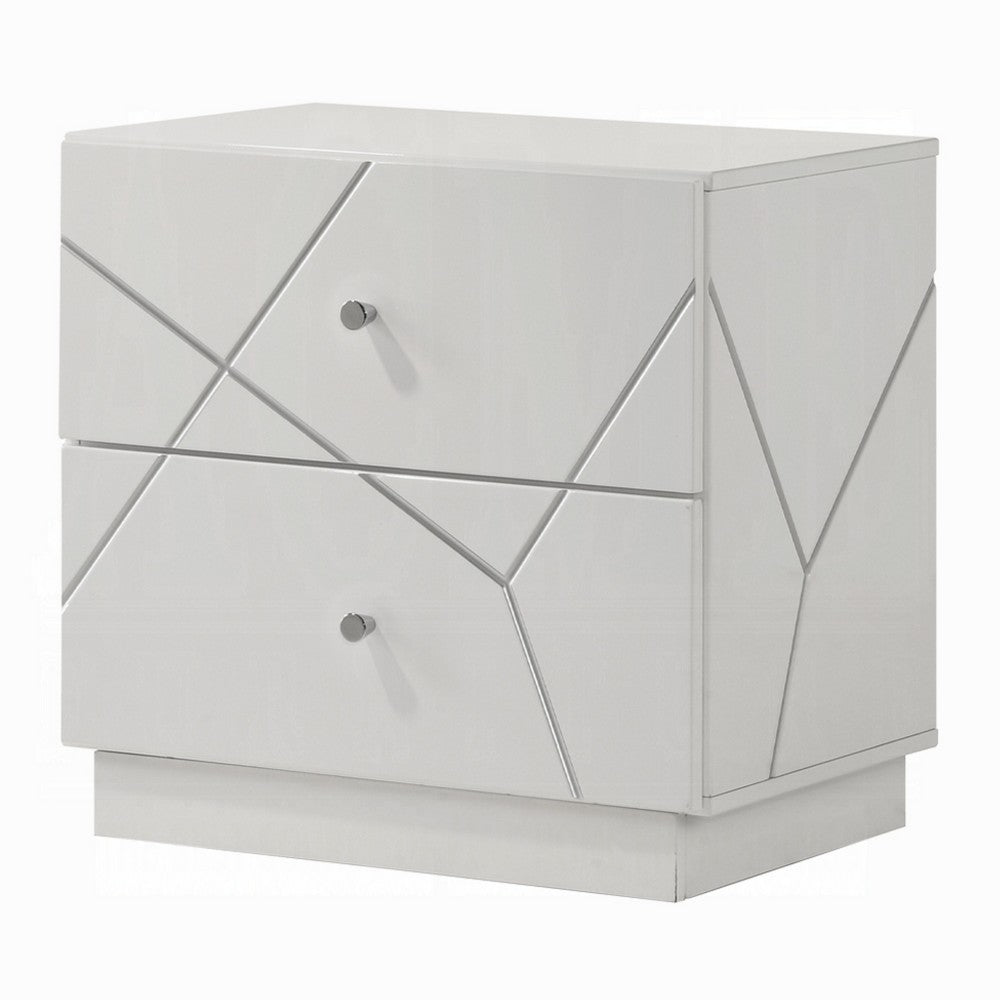 Esy Nightstand | 2 Drawers w Crystal Knobs | White Carved Pattern