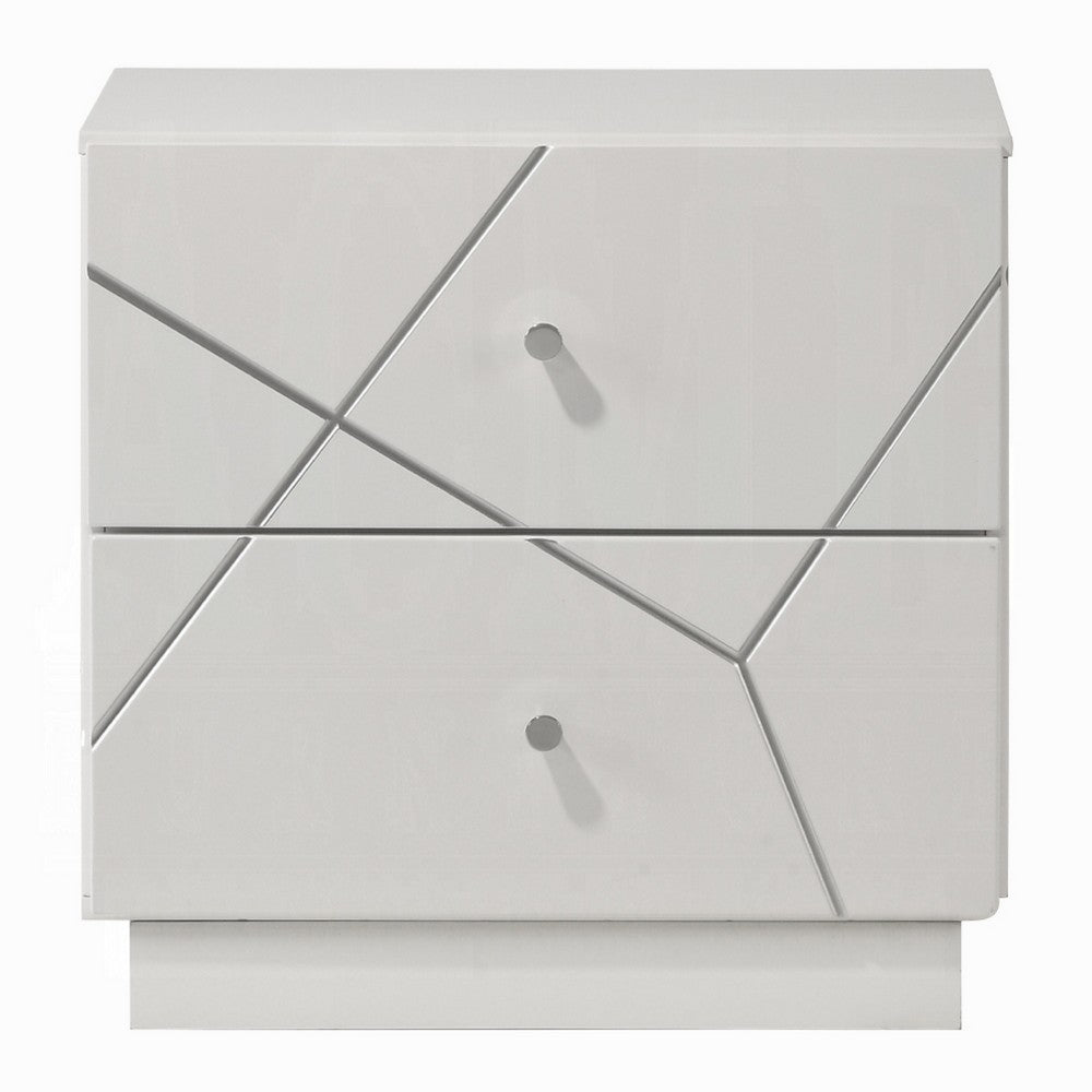 Esy Nightstand | 2 Drawers w Crystal Knobs | White Carved Pattern