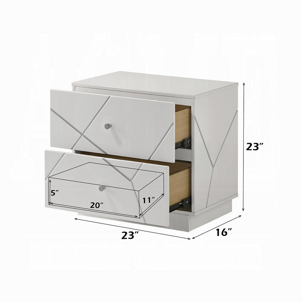 Esy Nightstand | 2 Drawers w Crystal Knobs | White Carved Pattern