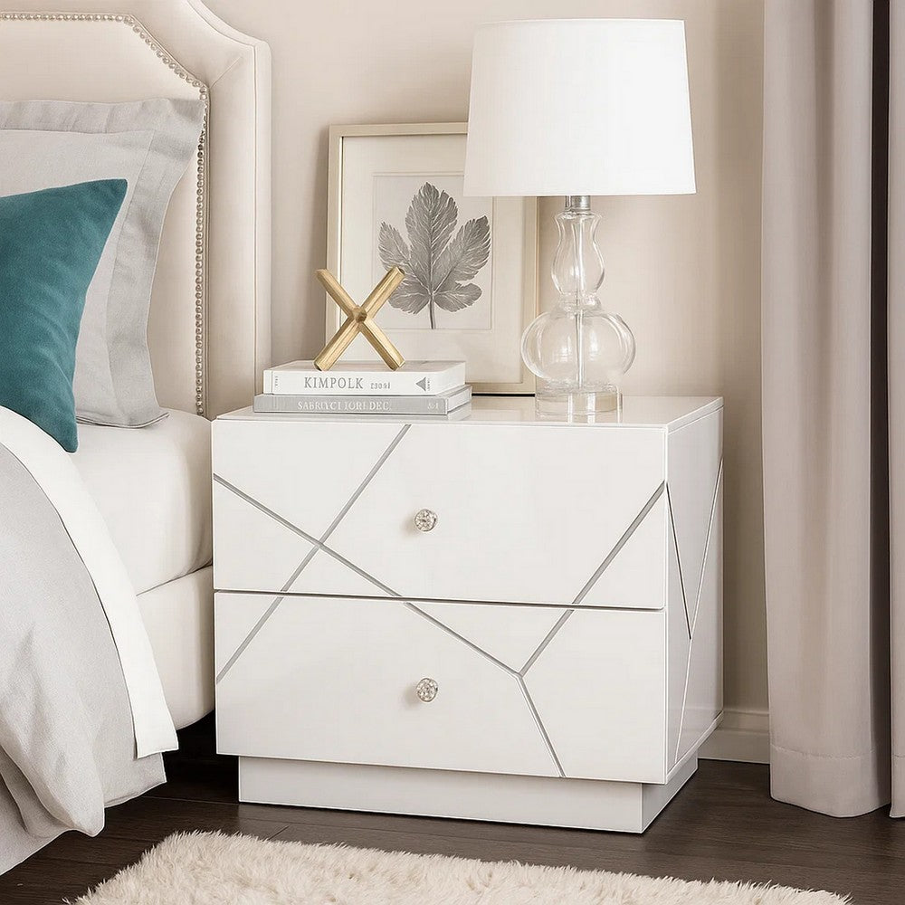 Esy Nightstand | 2 Drawers w Crystal Knobs | White Carved Pattern