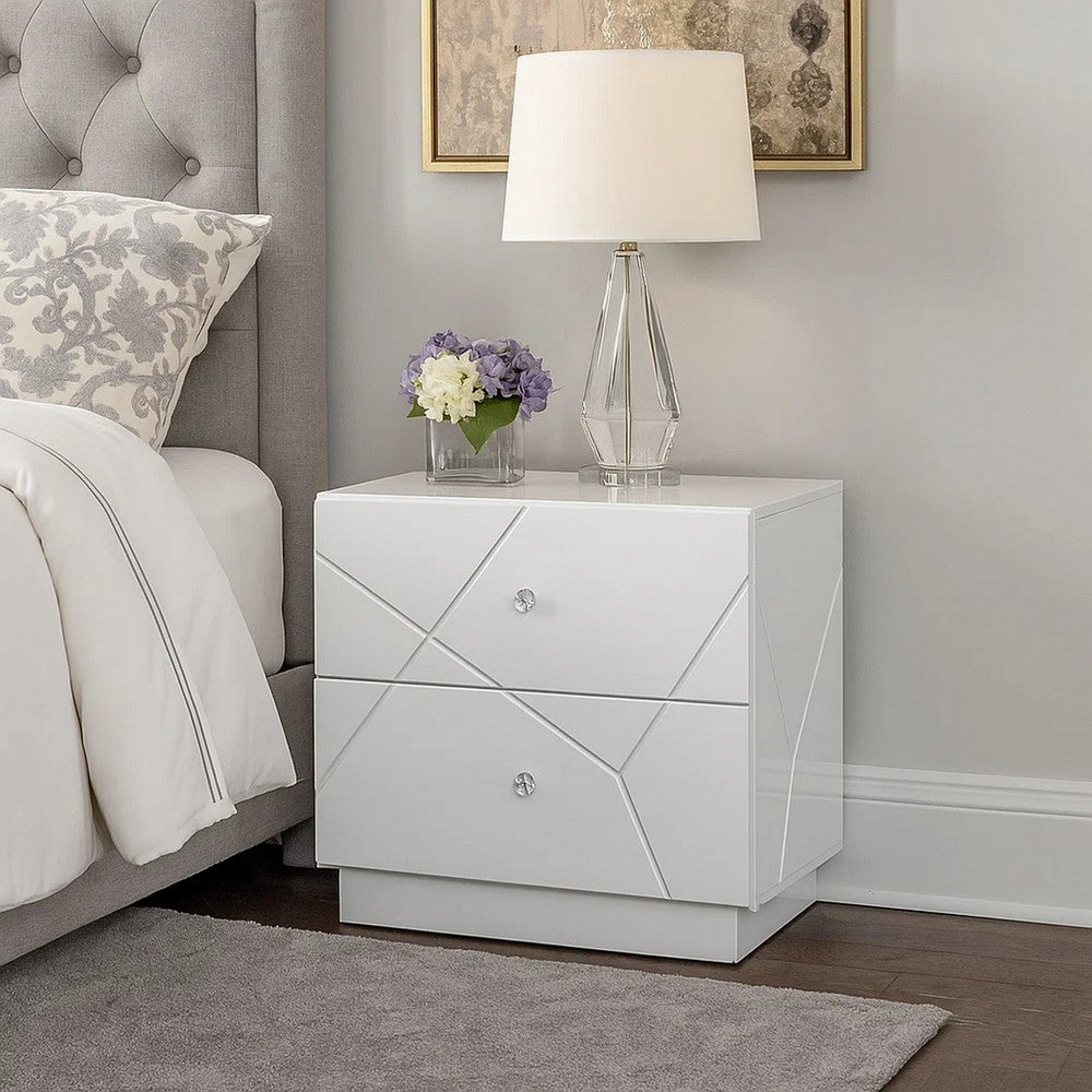 Esy Nightstand | 2 Drawers w Crystal Knobs | White Carved Pattern