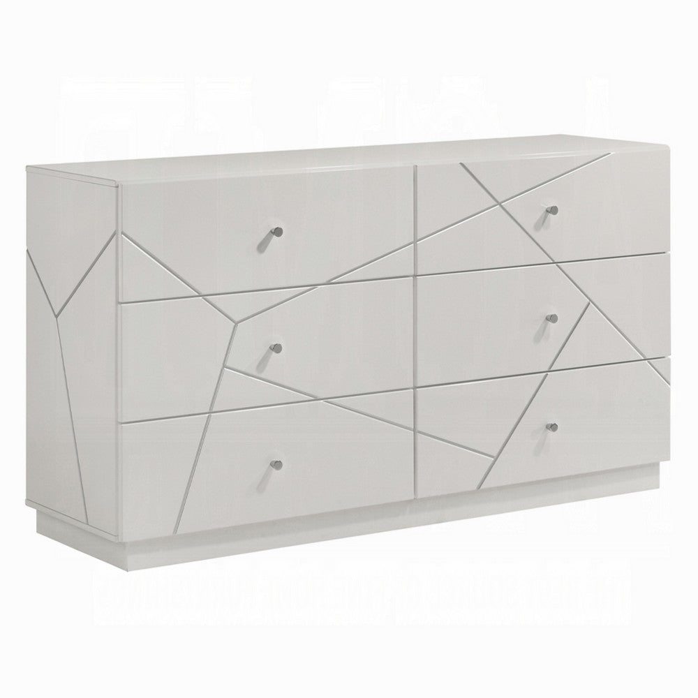 Esy 62" Wide Dresser | 6 Drawers | Crystal Knobs | White Carved Pattern