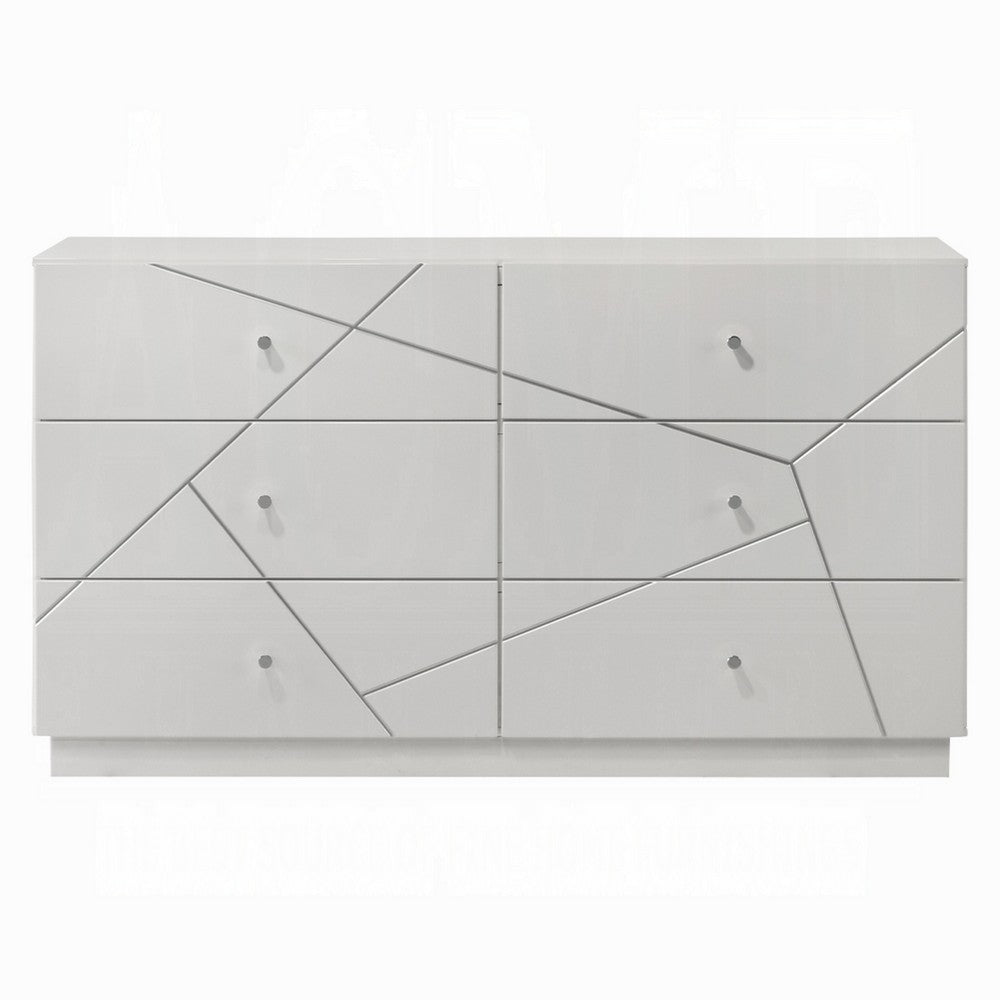 Esy 62" Wide Dresser | 6 Drawers | Crystal Knobs | White Carved Pattern