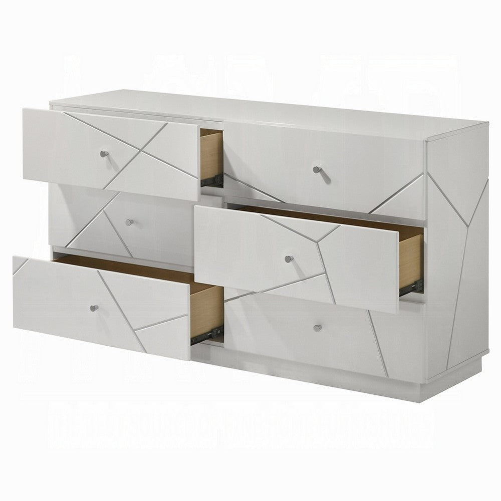 Esy 62" Wide Dresser | 6 Drawers | Crystal Knobs | White Carved Pattern