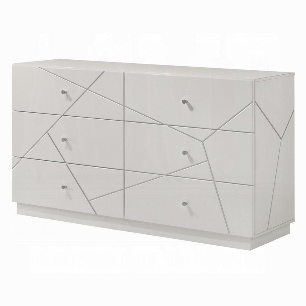 Esy 62" Wide Dresser | 6 Drawers | Crystal Knobs | White Carved Pattern