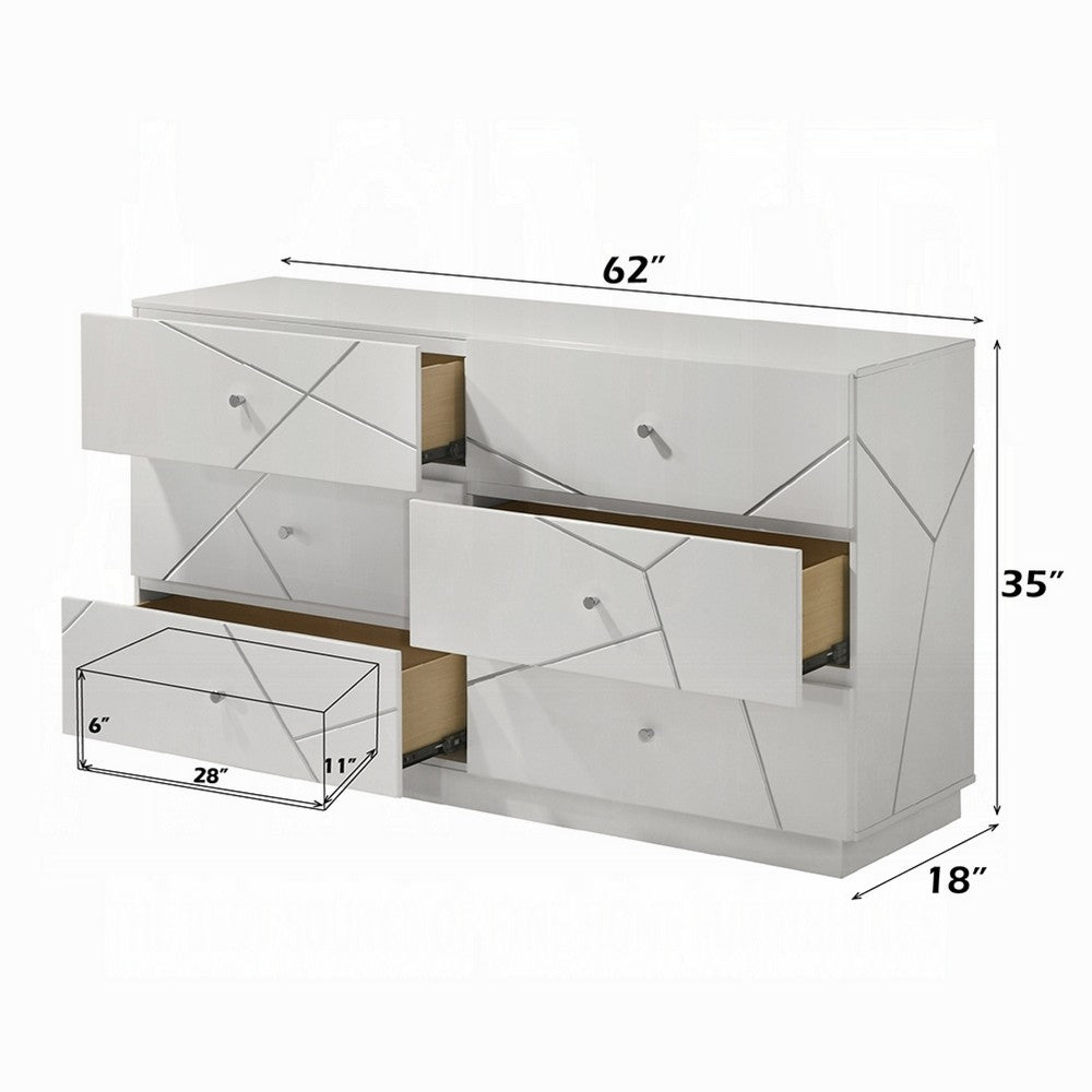 Esy 62" Wide Dresser | 6 Drawers | Crystal Knobs | White Carved Pattern