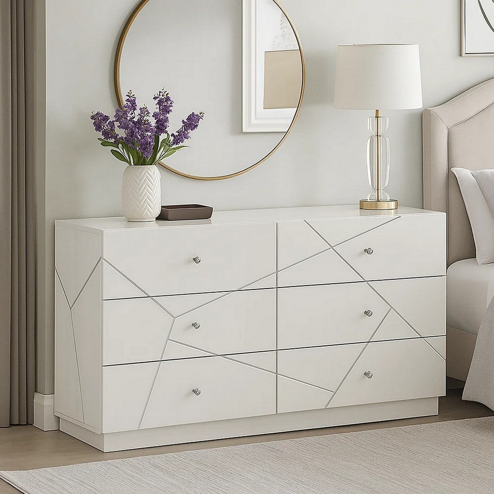 Esy 62" Wide Dresser | 6 Drawers | Crystal Knobs | White Carved Pattern