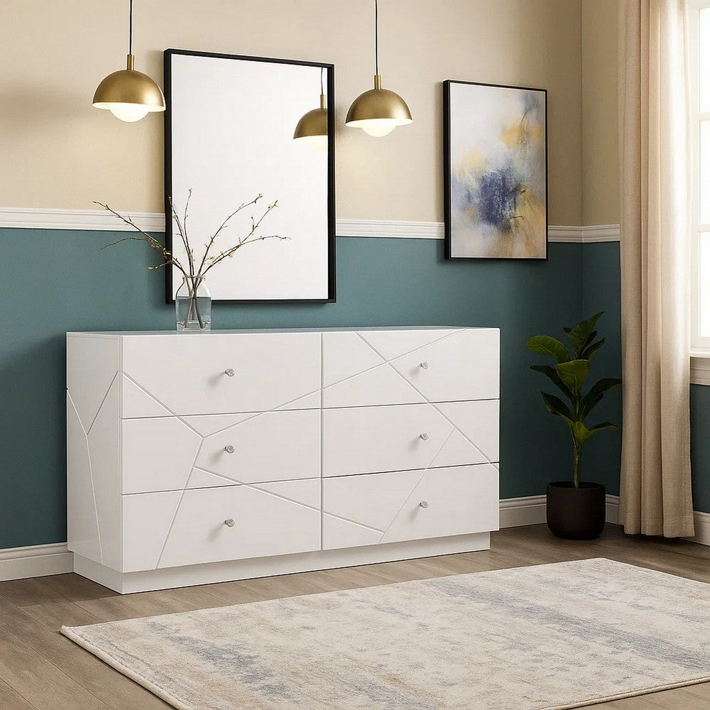 Esy 62" Wide Dresser | 6 Drawers | Crystal Knobs | White Carved Pattern