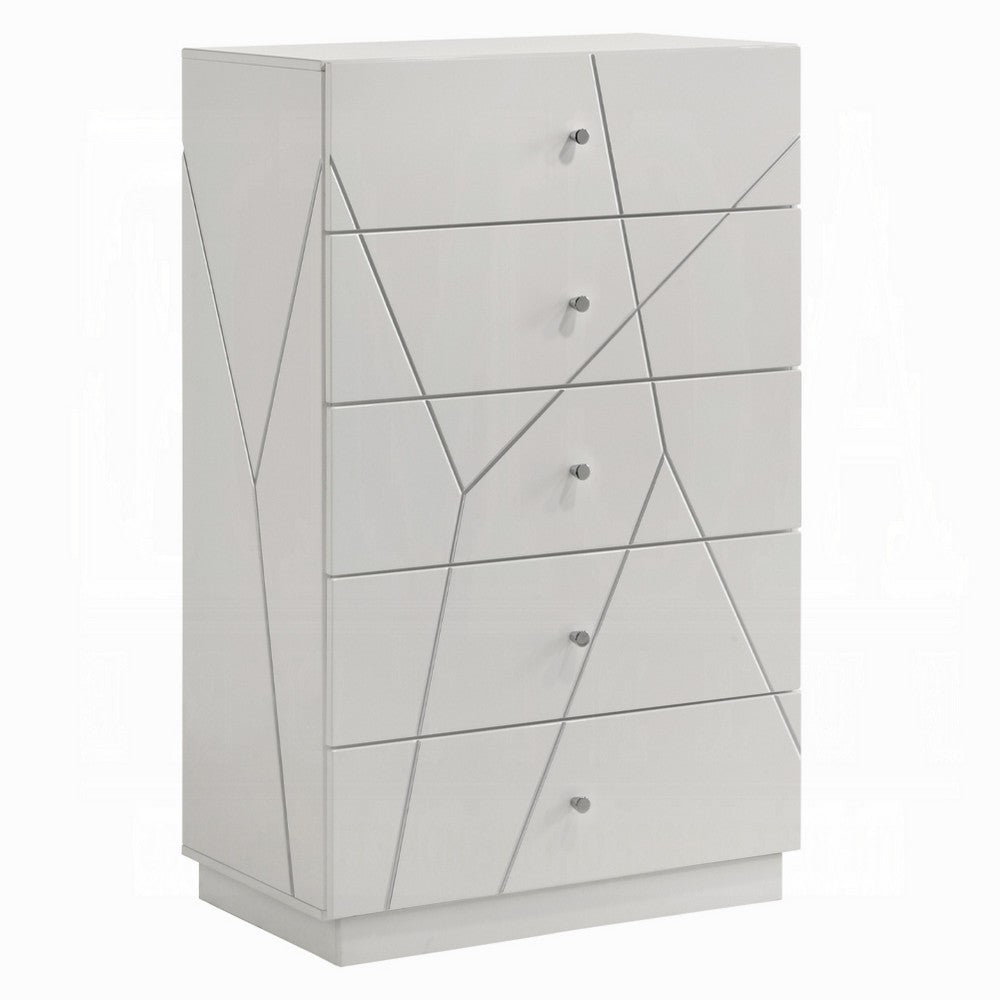 Esy Tall Dresser Chest | 5 Drawers | Crystal Knobs | White Carved Pattern