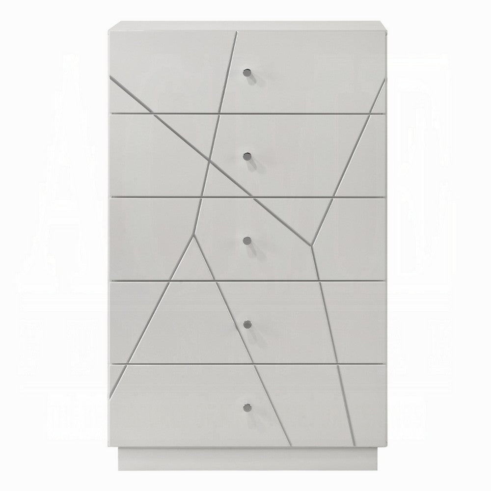 Esy Tall Dresser Chest | 5 Drawers | Crystal Knobs | White Carved Pattern