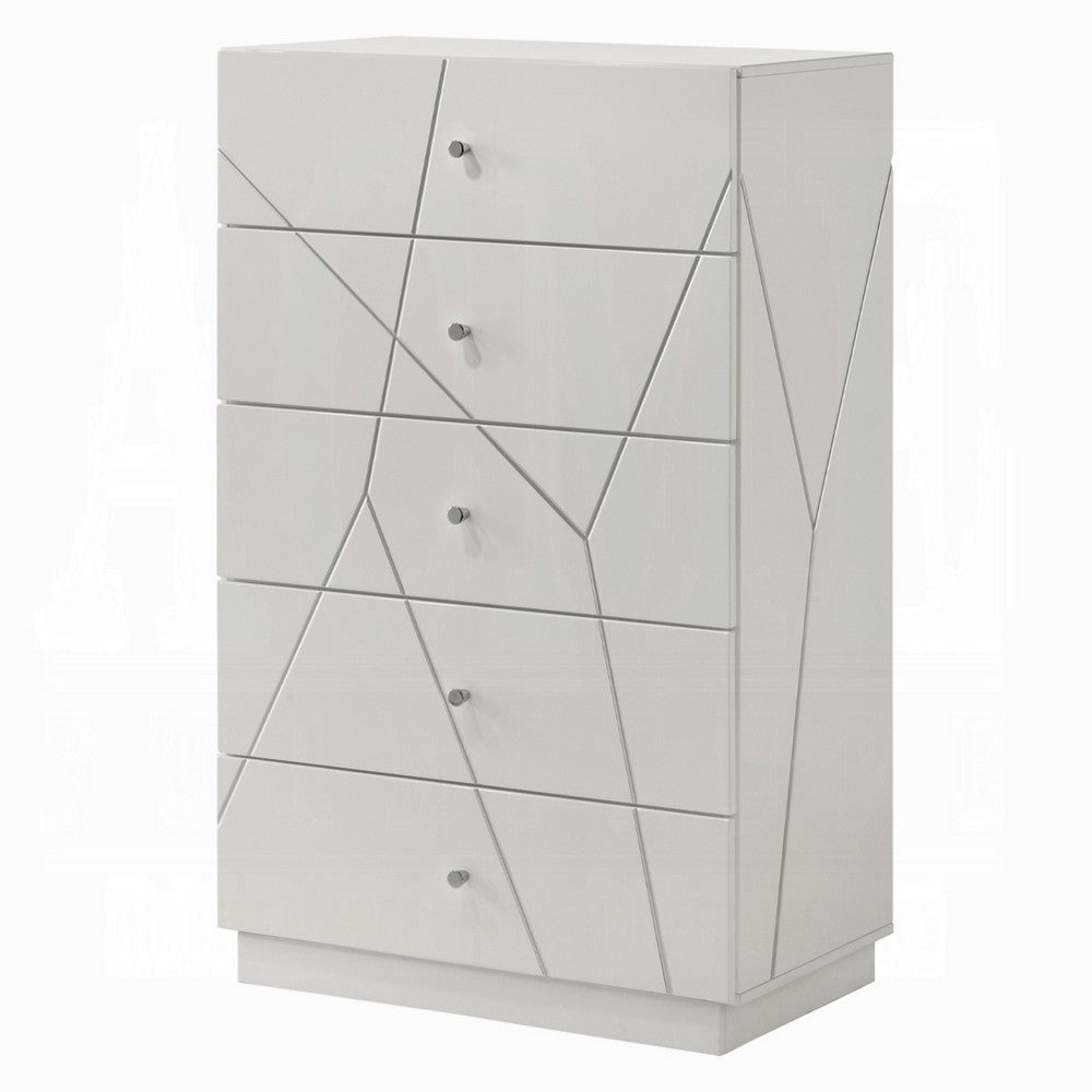 Esy Tall Dresser Chest | 5 Drawers | Crystal Knobs | White Carved Pattern